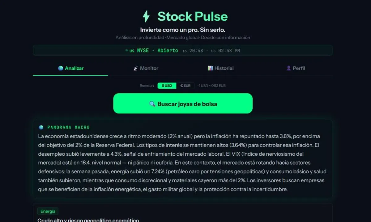 Stock Pulse screen with the macro outlook and the position monitor