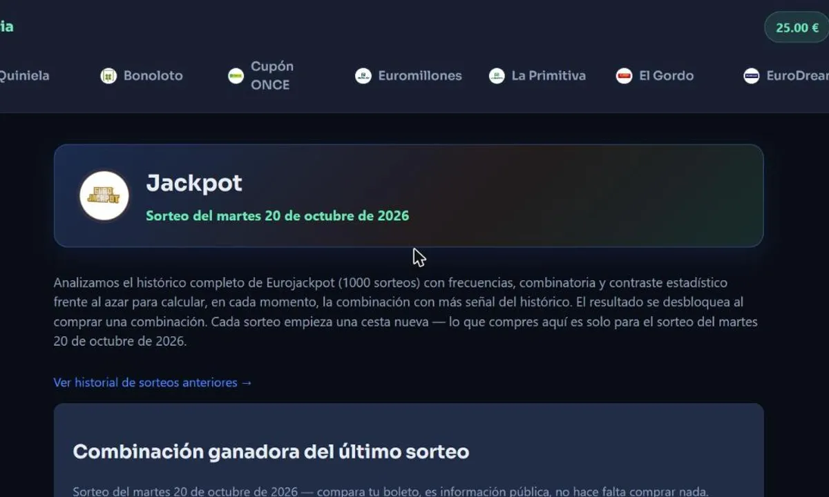 Predicciones Punto Asia screen showing the Jackpot draw page