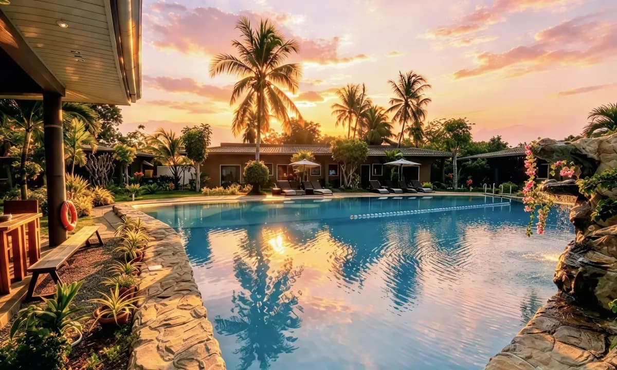 Hidden Lagoon Resort pool at sunset, cover of its website