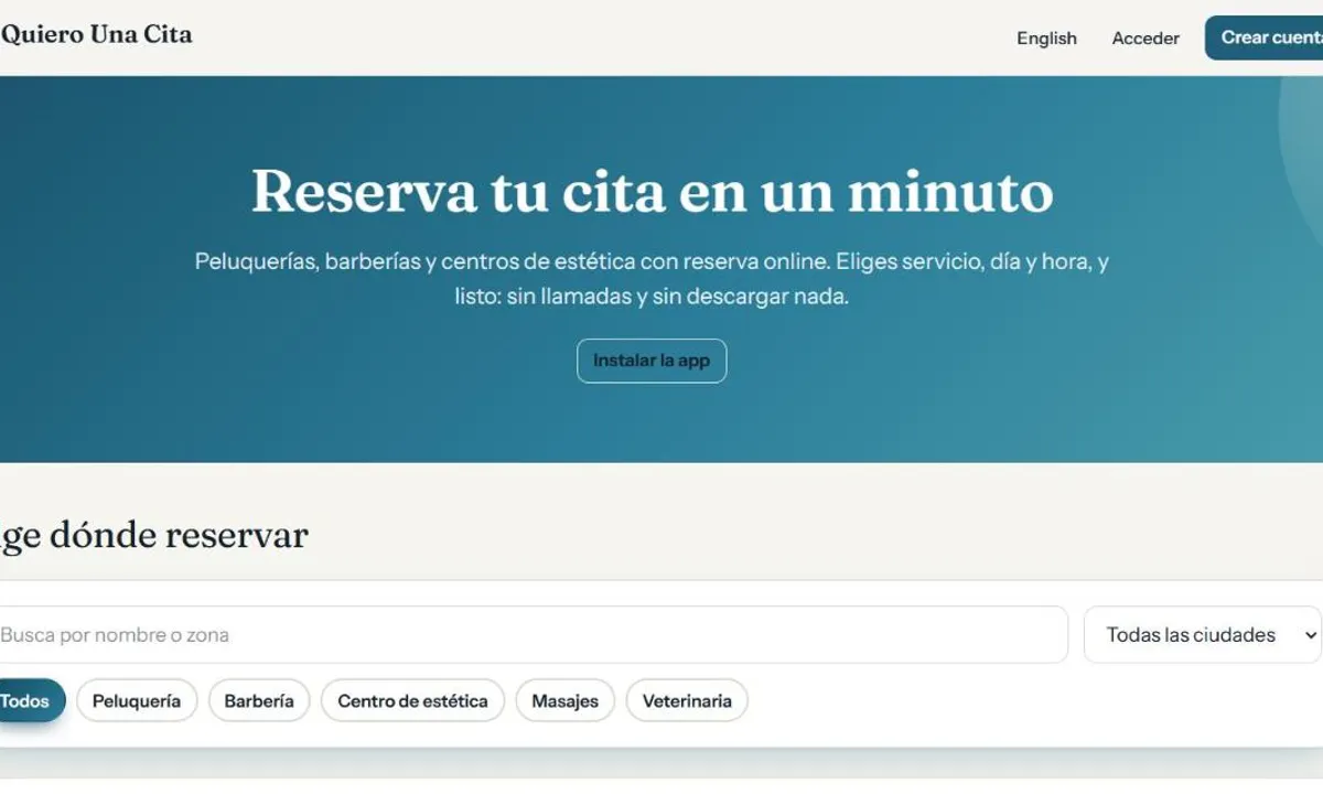 Quiero Una Cita home page with the business search to book